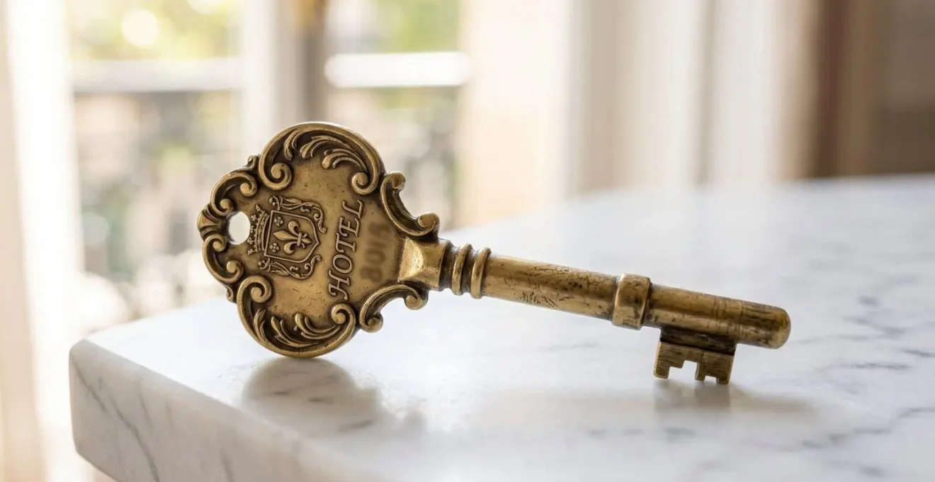 Gros plan extrême d'une clé de chambre d'hôtel en laiton vintage posée sur une surface en marbre blanc