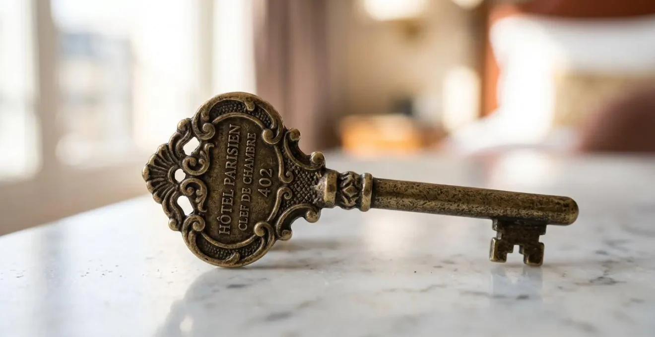 Gros plan extrême d'une clé de chambre d'hôtel en laiton vintage posée sur une surface en marbre blanc