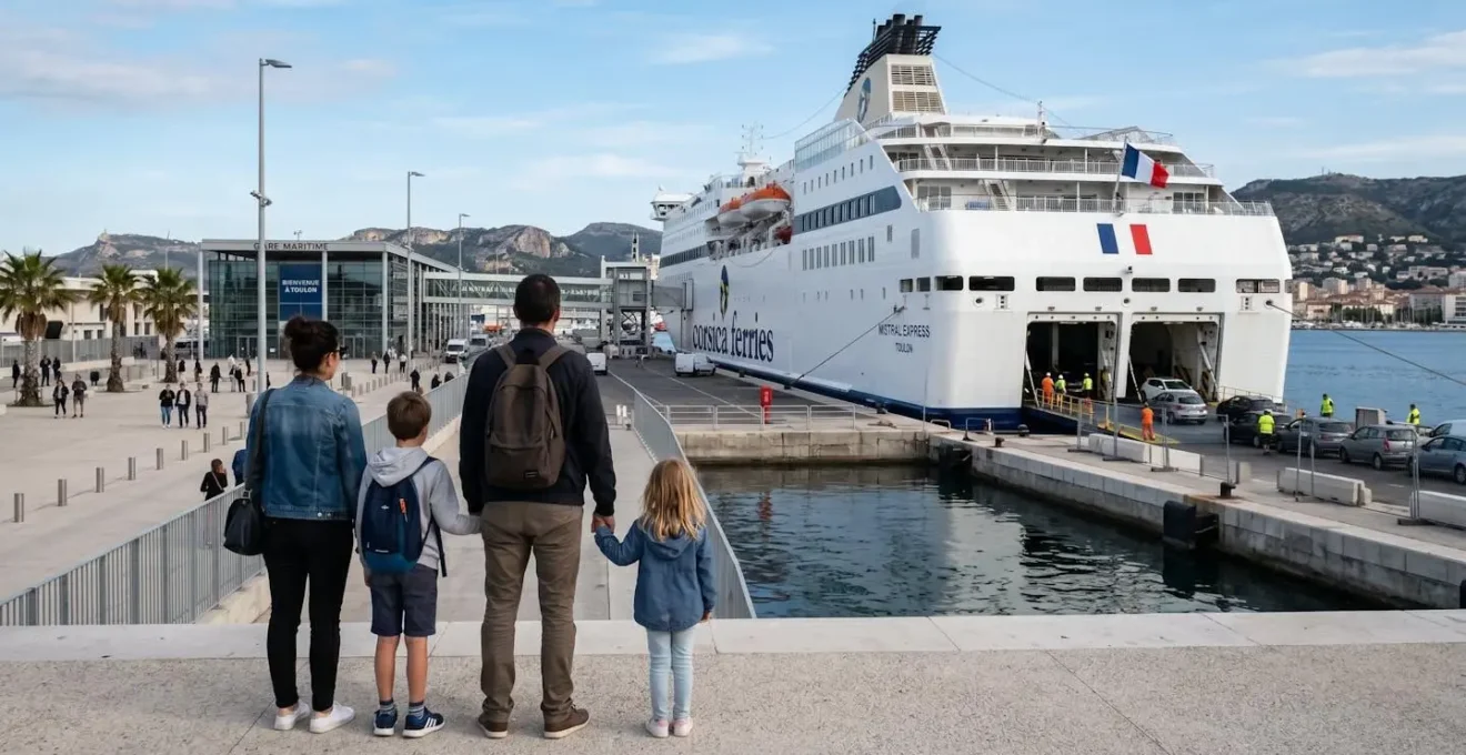 Famille de quatre personnes vue de dos observant un grand ferry blanc amarré au quai d'un port méditerranéen moderne