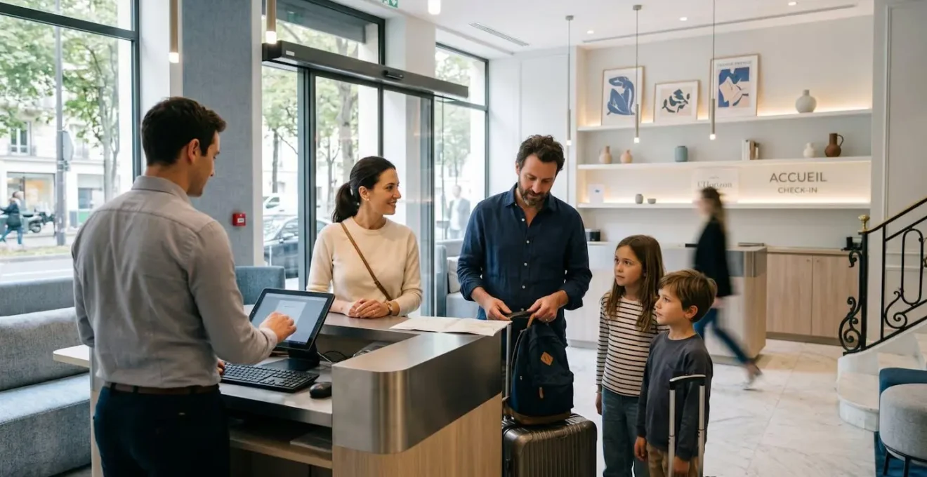 Famille de quatre personnes vue de dos consultant une tablette à la réception d'un hôtel parisien moderne avec décor contemporain élégant