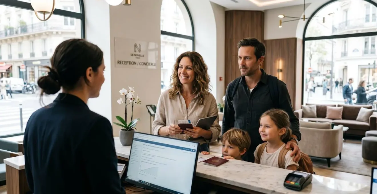 Famille de quatre personnes vue de dos consultant une tablette à la réception d'un hôtel parisien moderne avec décor contemporain élégant
