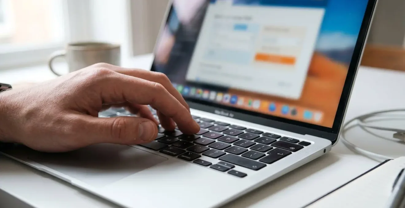 Gros plan sur des mains tapant sur un clavier d'ordinateur portable avec un site de réservation affiché à l'écran