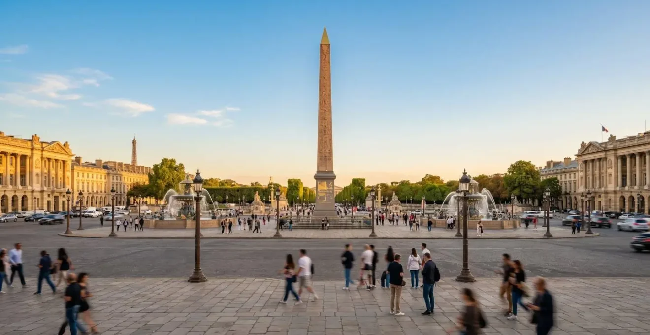 Vue grand angle de la Place de la Concorde au coucher du soleil avec l'Obélisque au centre et des touristes marchant en arrière-plan