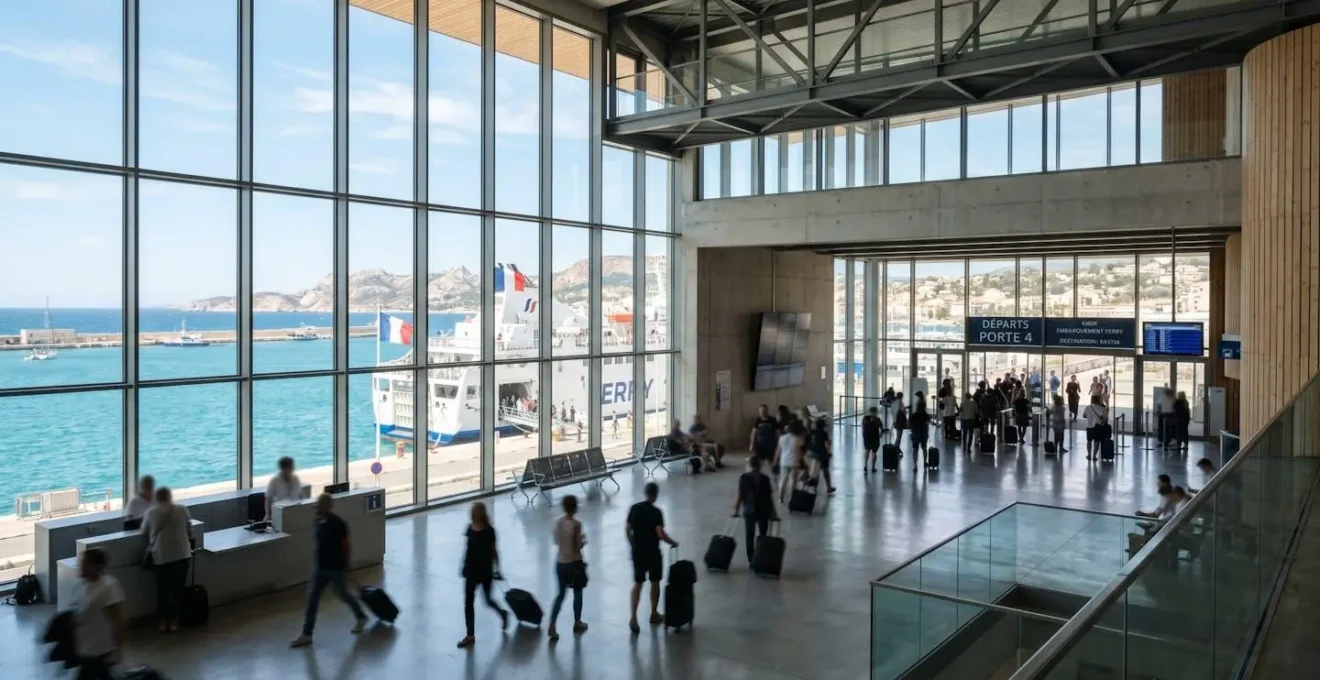 Hall lumineux d'un terminal ferry méditerranéen moderne avec grandes baies vitrées donnant sur la mer